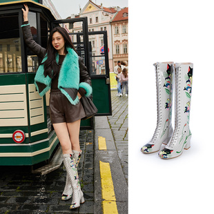 跟高5.5cm 舒适百搭 TRACY CHU艺术收藏重工手绘小猫漆皮长靴时尚