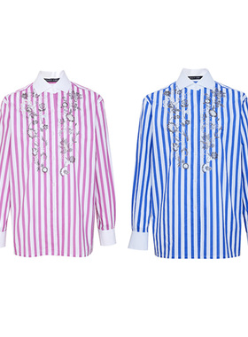 TRACY CHU手工立体珠绣加刺绣重工条纹老钱风衬衫蓝色/粉色百搭款