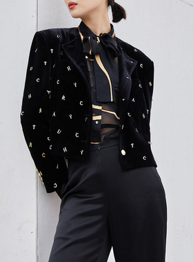 TRACY CHU 黑色丝绒手工金色LOGO夹克外套