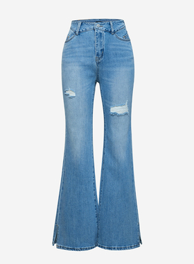 TRACYCHU欧若风夏日薄爽破洞喇叭女士时尚蓝色小众修身百搭牛仔裤