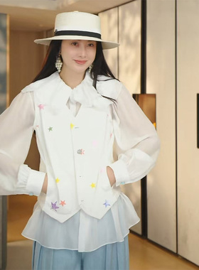 TRACYCHU白色蚕丝娃娃荷叶衬衫富家千金清冷感贵系百搭时尚洋气款