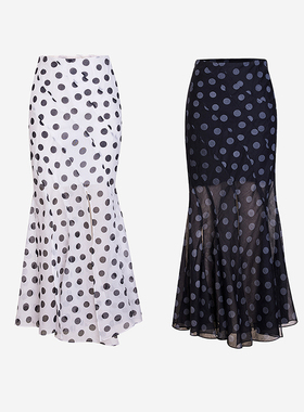 TRACY CHU 欧若风小千谷缩黑/白色波点创意款显瘦鱼尾半裙中长款