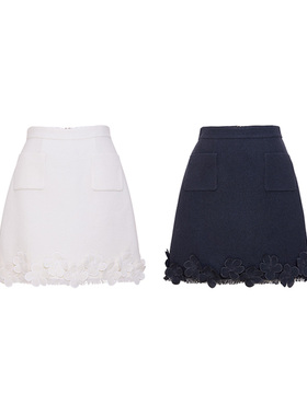 TRACY CHU复古白色/黑色羊毛创意花朵杰奎琳半裙百搭时尚冬季新款