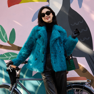 新款 TRACYCHU意大利托卡稀有海蓝色皮草大衣百搭时尚 优雅气质冬季