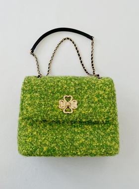 TRACY CHU 绿色粗花呢拼羊皮小号手袋
