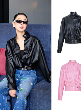 TRACYCHU黑色超柔BABY小羊皮创意收腰短夹克老钱风松弛感秋冬新品