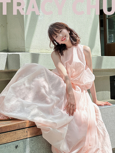 TRACY 橘粉色丝棉蚕丝里衬飘逸遮肉连衣裙 CHU