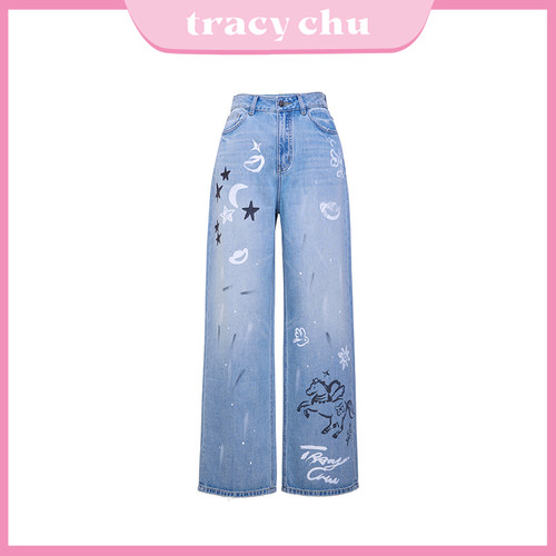 tracychu吉祥小飞马印花休闲牛仔裤时尚百搭休闲洋气显瘦春季新款