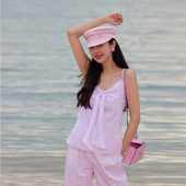 新品 新款 高纱支粉白条纹好莱坞明星纯欲慵懒风千金背心 CHU TRACY