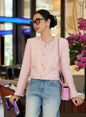 TRACYCHU英国LINTON限量手工樱花粉手工珠片多片剪裁短粗花呢外套