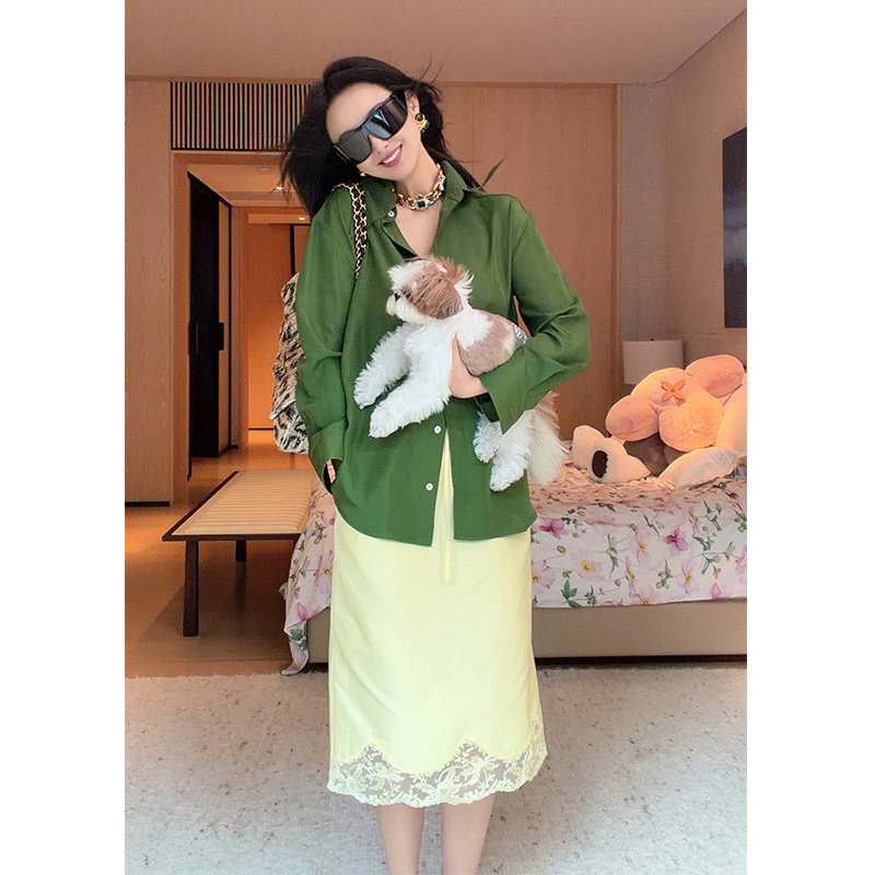 TRACYCHU混搭神器丝棉拼蕾丝鹅黄色休闲抽绳半裙显瘦休闲早秋新款