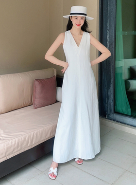 TRACY CHU 永远少女白色棉麻长连衣裙