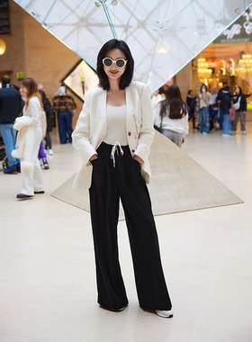 TRACYCHU黑色创意款羊毛休闲雅痞西裤显瘦气质百搭款休闲春季新款