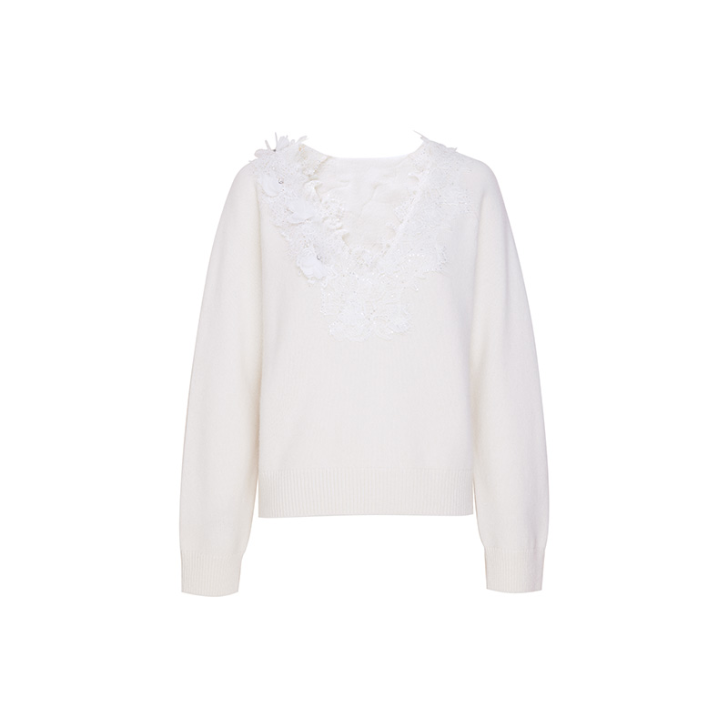 山羊绒手工蕾丝V领仙女衫