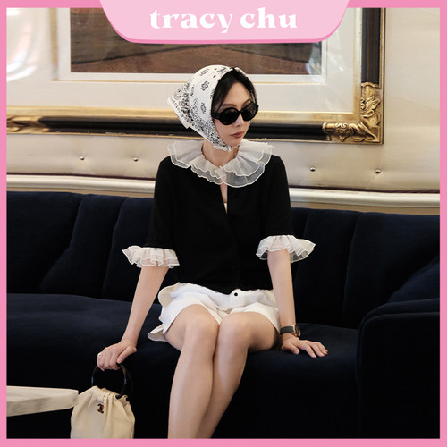 tracychu黑色羊毛公主领创意短袖开衫气质时尚千金感洋气春夏新款