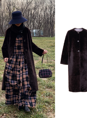 TRACYCHU南非新种拉贡浓情巧克力色极简长款皮草大衣气质冬季新款