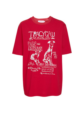 TRACY CHU学院风红色手绘T恤减龄百搭舒适洋气休闲圆领款秋季新款