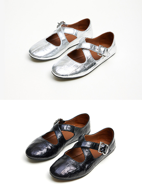 TRACY CHU黑色/银色鳗鱼皮时尚高级感设计款平底芭蕾鞋舒适简约款