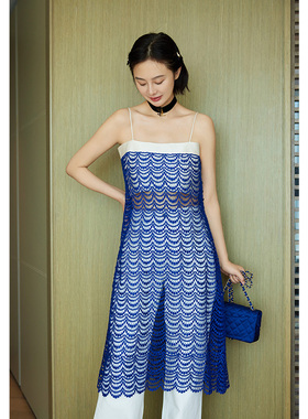 TRACYCHU欧若风宝石蓝色蕾丝镂空时尚气质法式浪漫时髦款装连衣裙