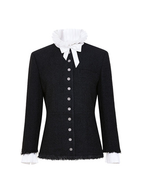 TRACYCHU黑色羊毛法式贵族重工真丝拆掉领袖收腰猎装外套秋季新款