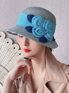 TRACY CHU 孔雀蓝艺术手编花朵装饰20年代钟型帽