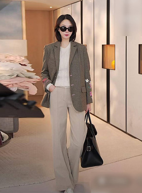 TRACYCHU卡其色明线直腿牛仔裤气质时尚休闲款摆脱路人感冬季新品