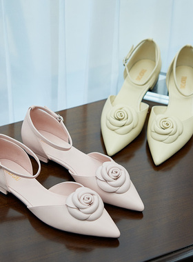 TRACYCHU米色粉紫色小羊皮皮底皮衬皮面手工做花朵尖头百搭平底鞋