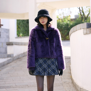 新款 TRACYCHU耀紫色南法限量拉贡艺术皮草大衣贵气优雅百搭款 春季