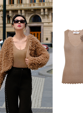 TRACYCHU秋冬LP原绒CASHMERE混丝橄榄棕色法式花朵胸针丝羊绒背心