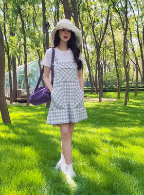 TRACYCHU蓝色格子粗花呢背带短裤时尚少女琥珀流光千金清冷感贵系