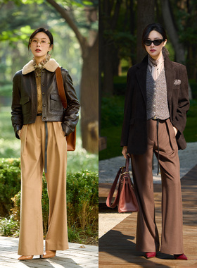 TRACY CHU驼绒混蚕丝羊毛贵族体验休闲皮带裤卡其色/深棕色