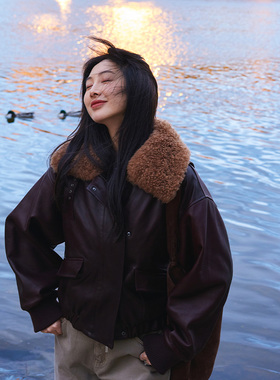 TRACYCHU巴恩风棕色BABY羊皮大明星超IN皮领机棉夹克百搭冬季新款