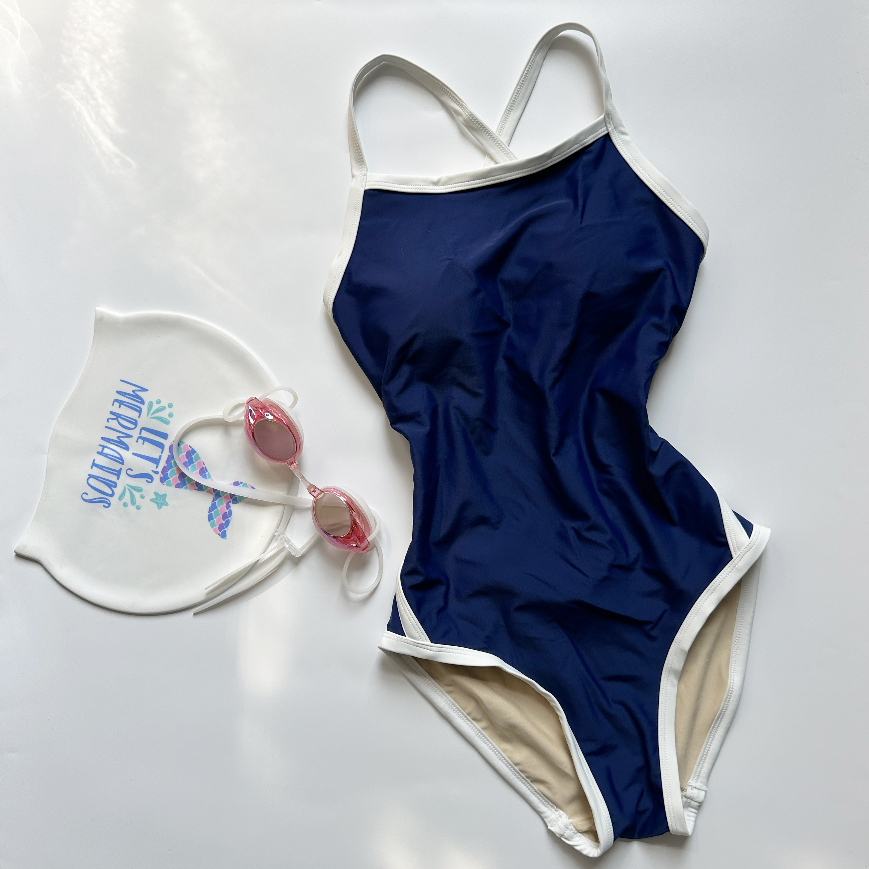 25新款藏蓝白边风显白运动泳装高级感竞速运动连体泳衣