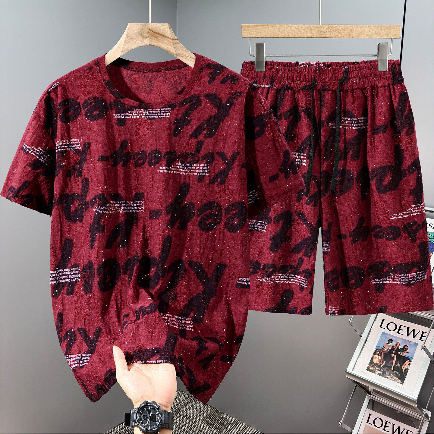 特大号加肥加大码个性破洞短袖t恤男夏季宽松运动休闲短裤套装350