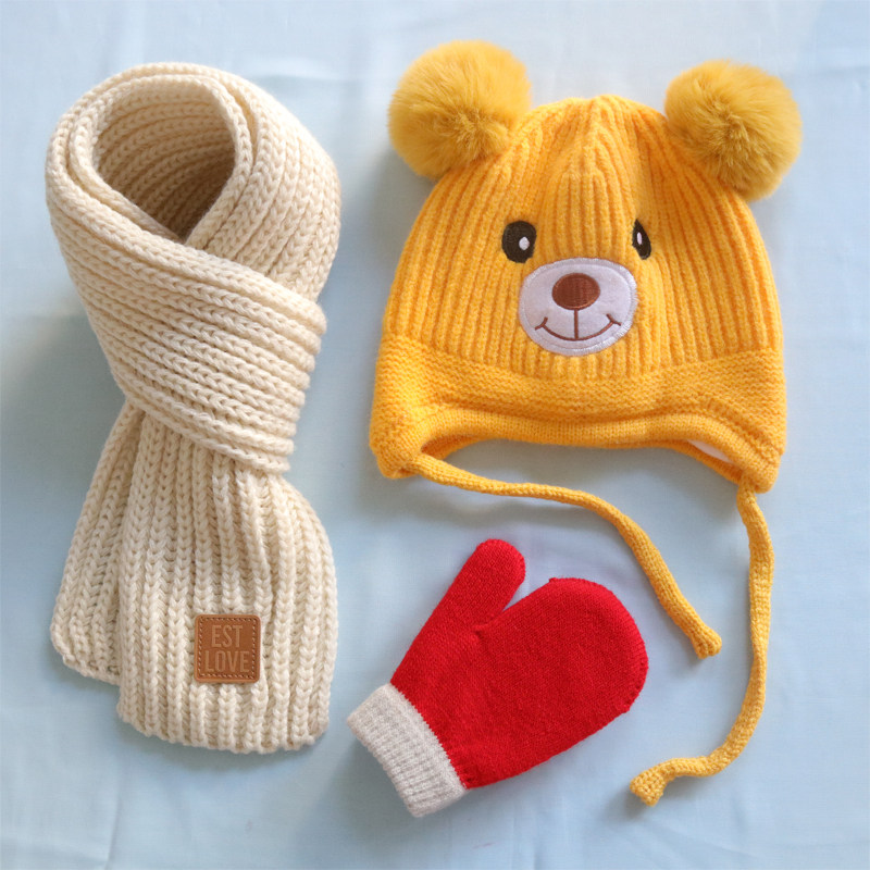 三件套儿童帽子秋冬男女宝宝加绒婴儿可爱卡通护耳毛线针织套头帽,童装/婴儿装/亲子装,帽子,淘宝优惠券,粉丝福利购,淘宝优惠卷