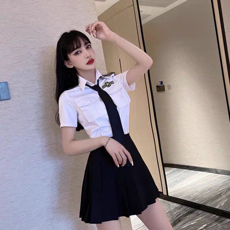 女主播日韩系空姐jk制服套装夏季短袖领带衬衣百褶裙两件套