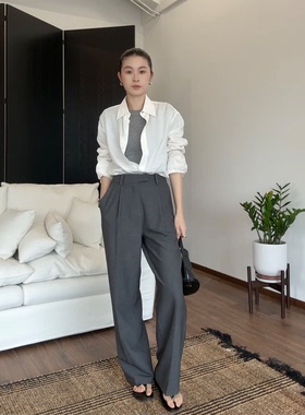 深灰醋酸羊毛休闲裤女时尚百搭显瘦直筒高腰阔腿长西裤 SKZ253278