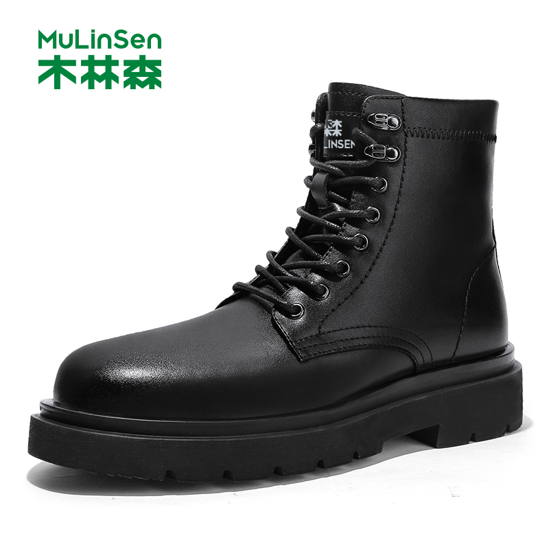木林森英伦风皮靴男厚底马丁靴