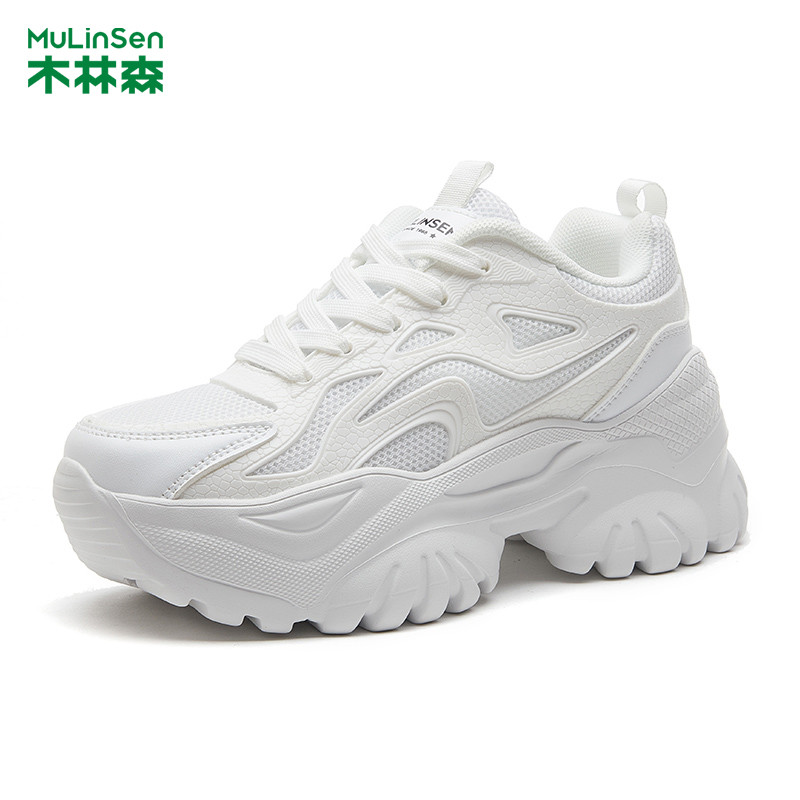 木林森老爹鞋女增高白色跑步鞋