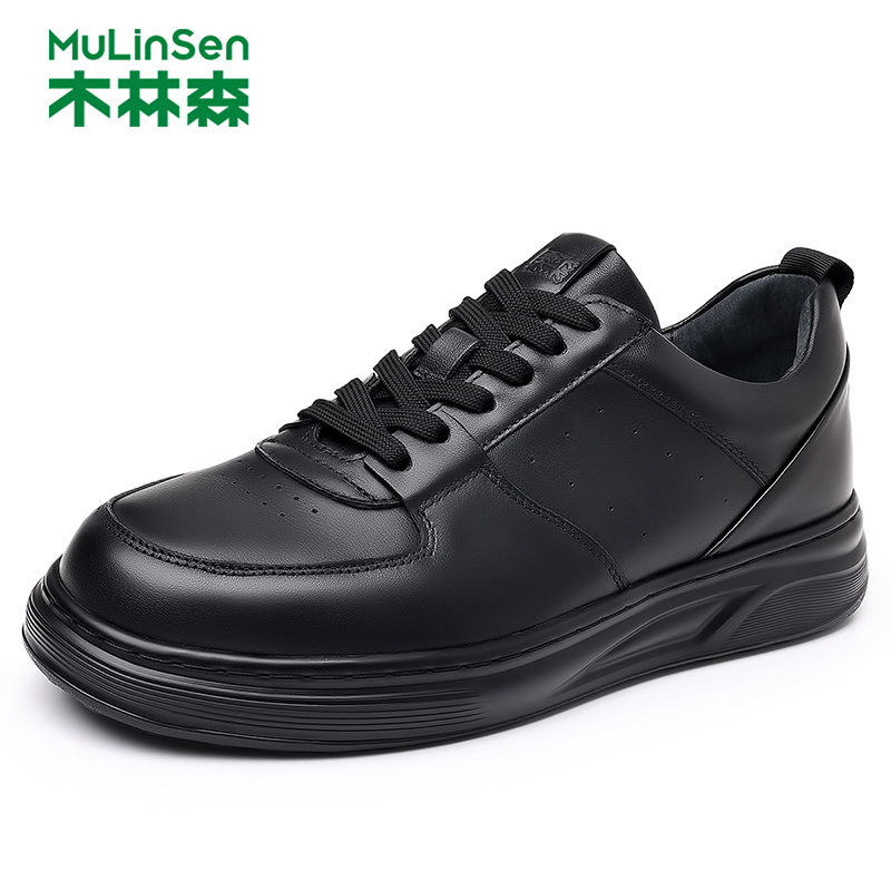 木林森男鞋头层牛皮平板鞋男