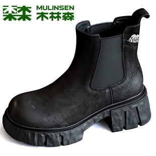 厚底切尔西短靴女牛皮烟筒靴英伦风马丁靴 新款 木林森女鞋 2025冬季