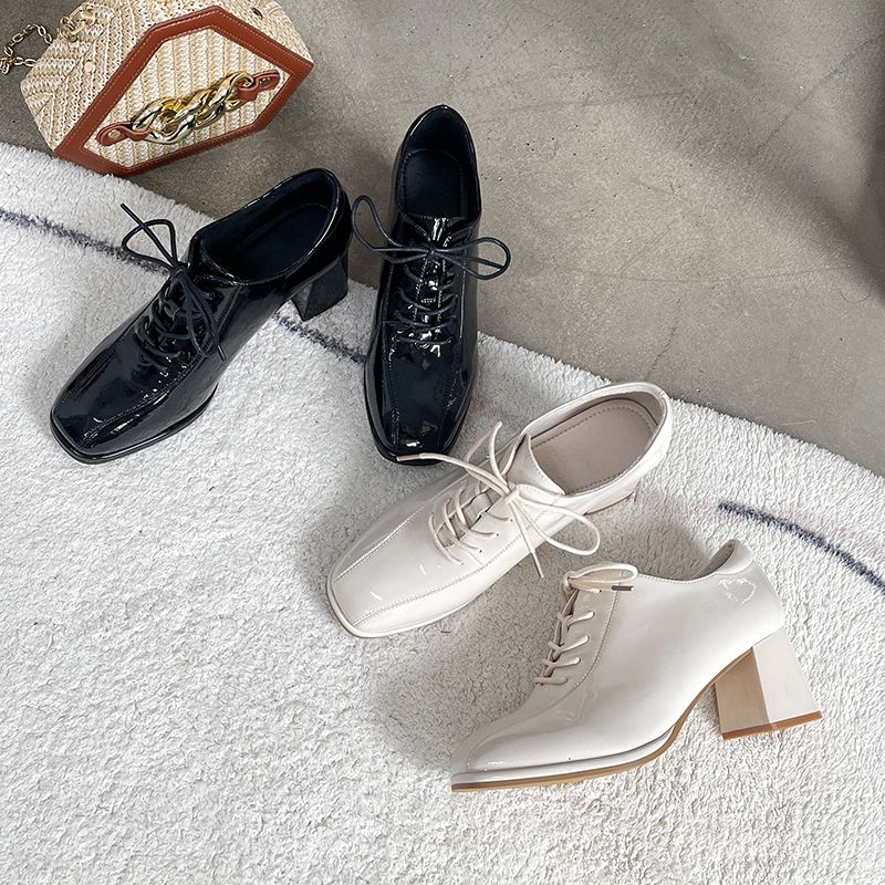 木林森女鞋粗跟系带英伦风小皮鞋