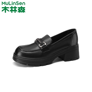 女粗跟保暖通勤英伦保暖棉鞋 木林森女鞋 加绒乐福鞋 新款 2025年冬季