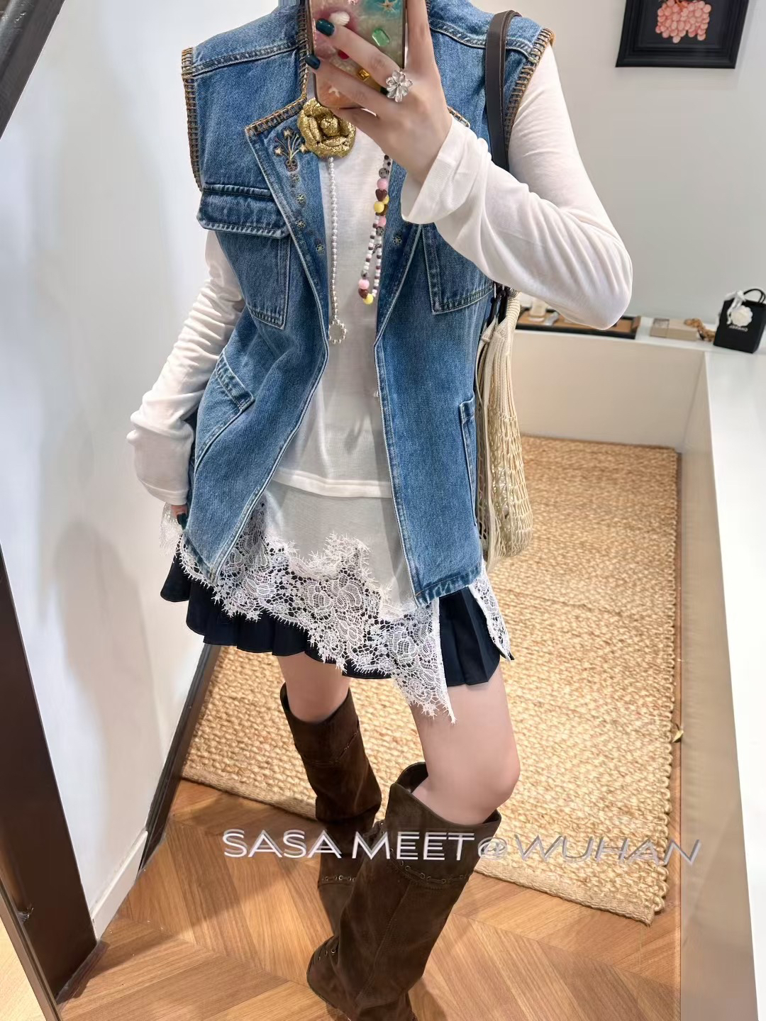 SASAMEET官方授权 ICEDUST 翻领花卉刺绣牛仔马甲 25早秋新款