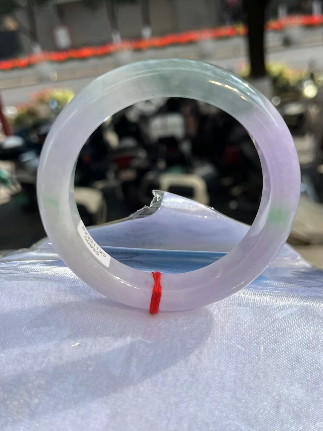 翡翠紫色飘蓝花飘翠三色手镯58正品送证书6R