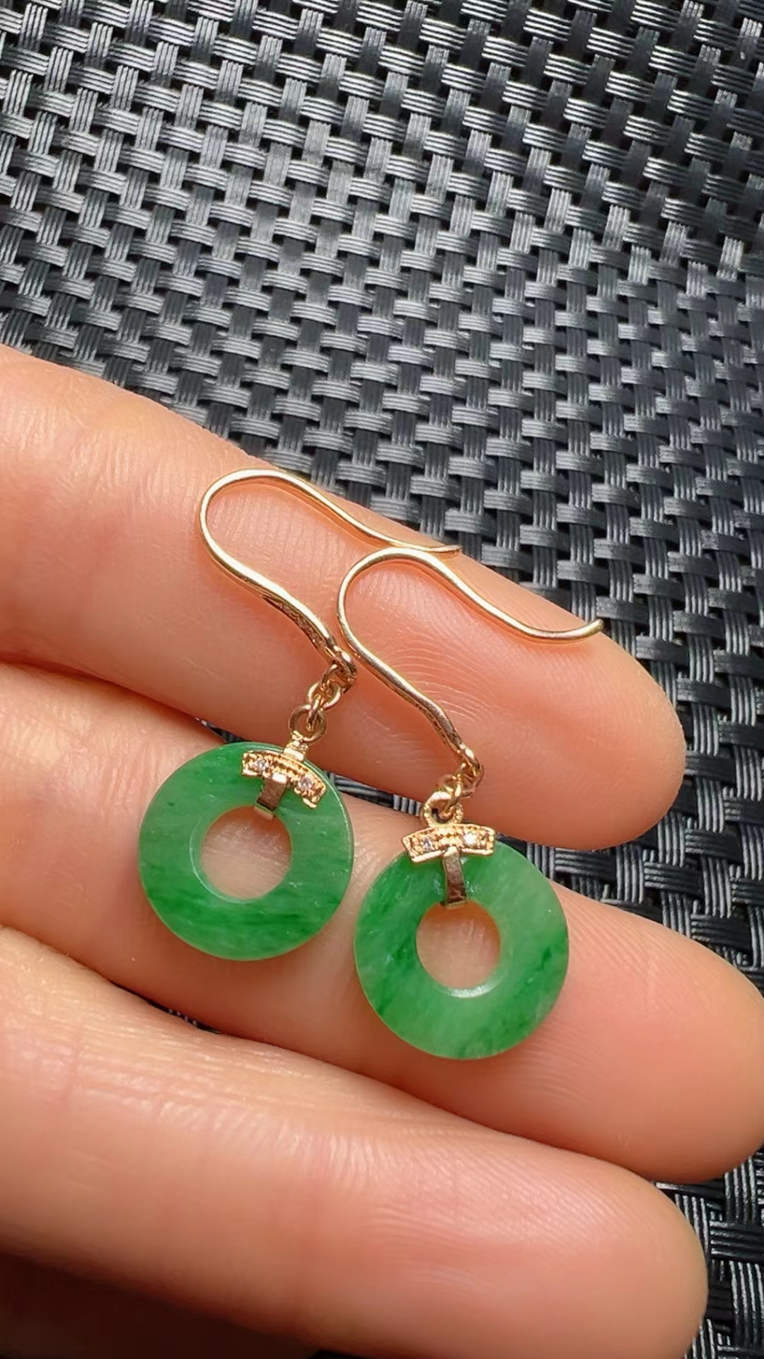 缅甸翡翠老坑a辣色平安扣耳坠18K金镶嵌 正品送权威证书15R