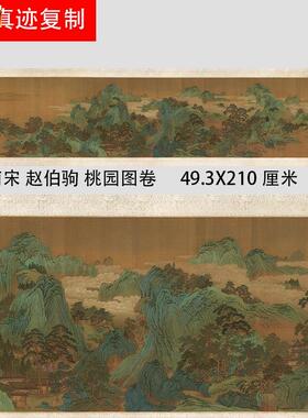 南宋赵伯驹桃园图卷K宋画青绿山水重彩国画长卷高清绢布微喷