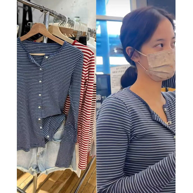 小海鸥欧阳娜娜同款蓝白条纹T恤