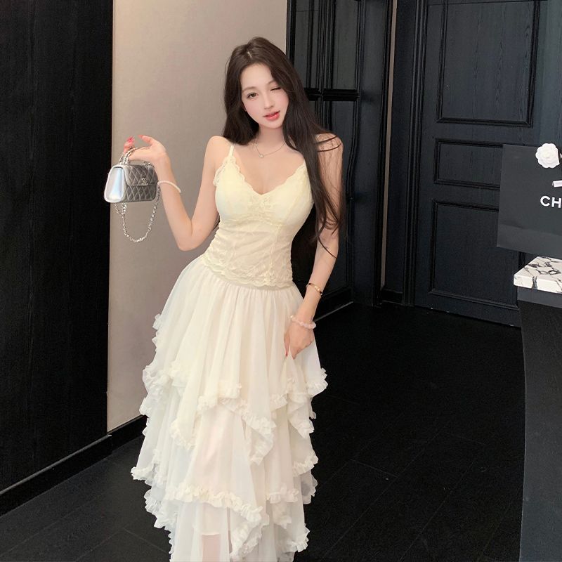 蕾丝美背吊带女夏设计感不规则蓬蓬A字蛋糕裙网纱修身半身裙套装