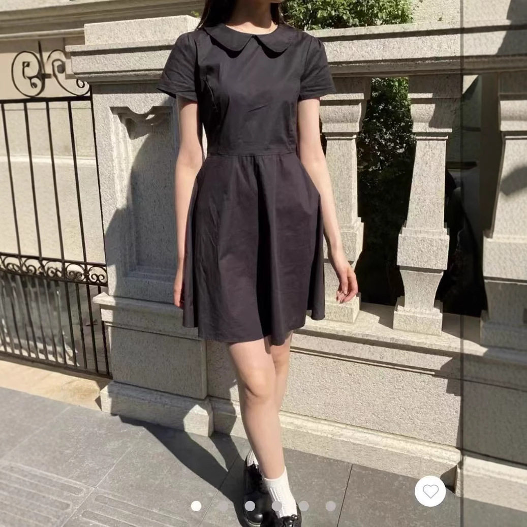 小海鸥娃娃领收腰黑色衬衫裙